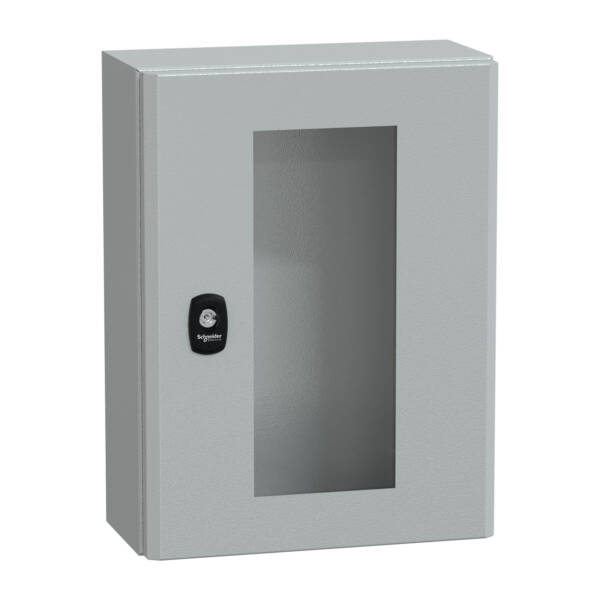 "Wall mounted steel enclosure, PanelSeT S3D, transparent door, without mounting plate, 400x300x150mm, IP66, IK08" - Schneider Electric - NSYS3D4315T