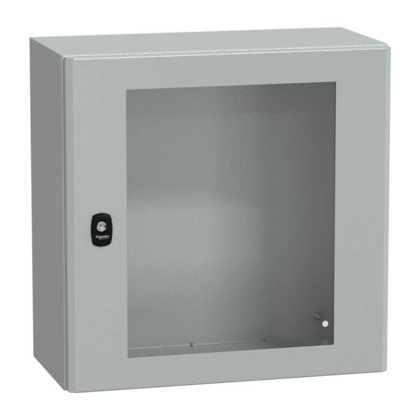"Wall mounted steel enclosure, PanelSeT S3D, transparent door, without mounting plate, 500x500x250mm, IP66, IK08" - Schneider Electric - NSYS3D5525T