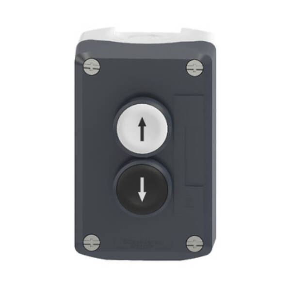 Control station, plastic, dark grey lid, 2 flush push buttons Ø22, marked UP ARROW DOWN ARROW, 2 NO - Schneider Electric - XALD222