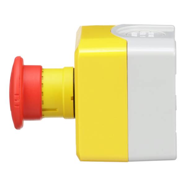 Harmony XALD, XALK, Control station, plastic, yellow lid, 1 red mushroom push button Ø40, turn to release, 1 NC - Schneider Electric - XALK178