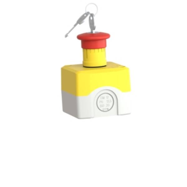 Harmony XALD, XALK, Control station, plastic, yellow, 1 red mushroom head push button Ø40, emergency stop key release 1 NO + 1 NC, unmarked - Schneider Electric - XALK188E