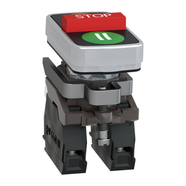 Triple-headed push button, metal, Ø22, marked, 1 green flush I + 1 red projecting STOP + 1 green flush II, 2 NO + 1 NC - Schneider Electric - XB4BA731327