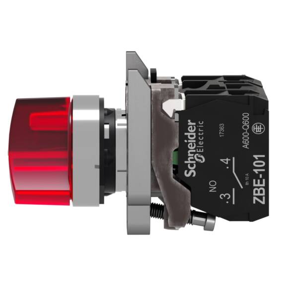Illuminated selector switch, Harmony XB4, metal, red handle, 22mm, universal LED, 2 positions, 1NO + 1NC, 24V AC DC - Schneider Electric - XB4BK124B5