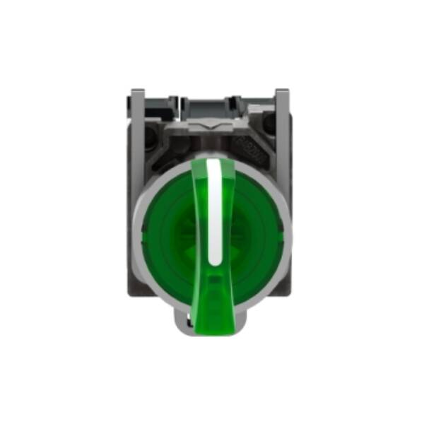 Illuminated selector switch, Harmony XB4, metal, green handle, 22mm, universal LED, 3 positions, 1NO + 1NC, 110...120V AC - Schneider Electric - XB4BK133G5