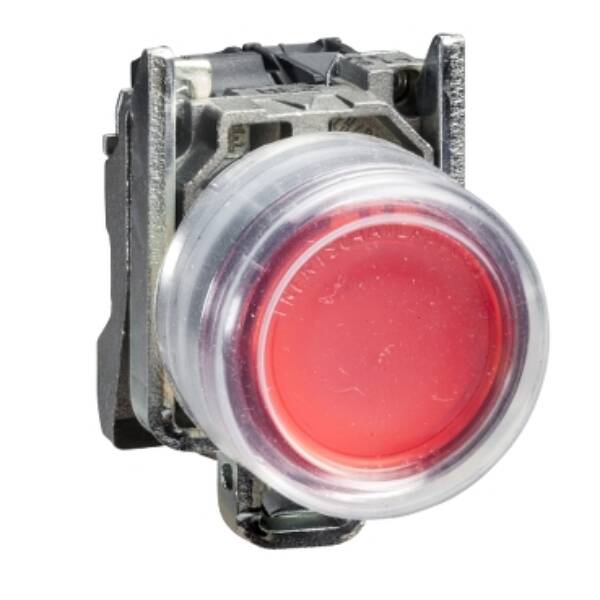Complete illuminated push button, Harmony XB4, metal, flush, red, Ø22 mm, spring return, booted, 24...120 V AC/DC, 1 NO, ATEX - Schneider Electric - XB4BP483BG5EX