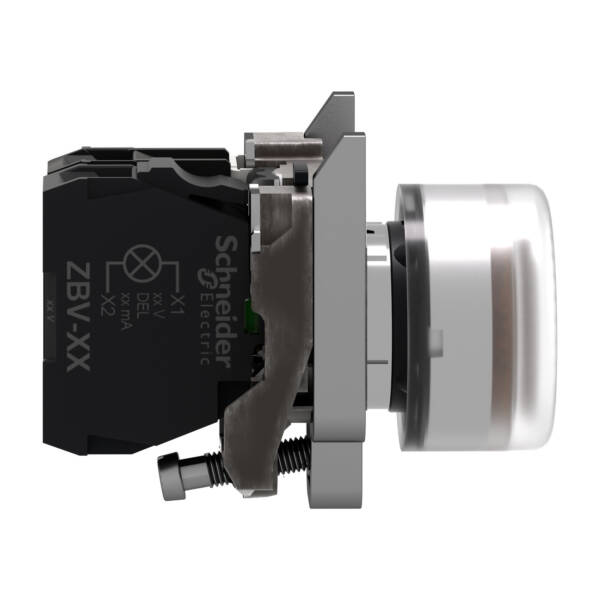 Complete illuminated push button, Harmony XB4, metal, flush, yellow, Ø22 mm, spring return, booted, 24 V AC/DC, 1 NO, ATEX - Schneider Electric - XB4BP583B5EX