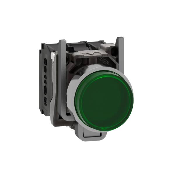 Illuminated push button, Harmony XB4, green flush, universal LED, 22mm, spring return, plain lens, 1NO + 1NC, 110…120V - Schneider Electric - XB4BW13G5