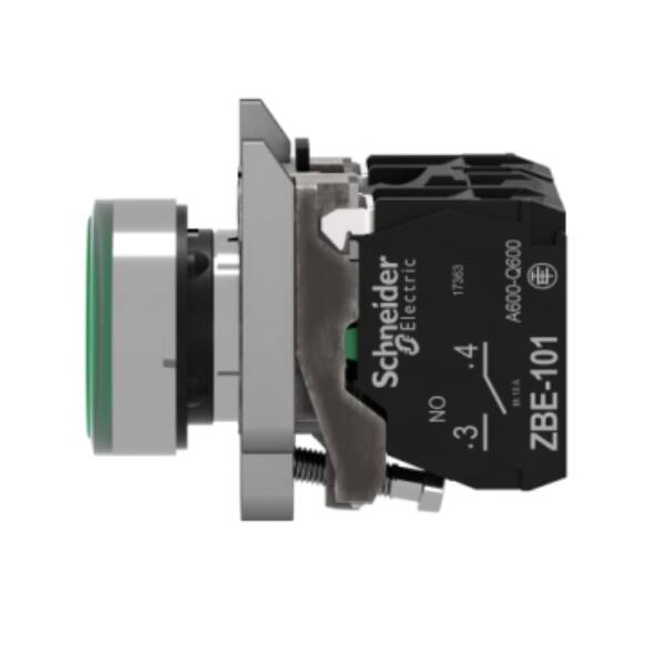 Illuminated push button, Harmony XB4, metal, green flush, 22mm, universal LED, plain lens, 1NO + 1NC, 24V AC DC - Schneider Electric - XB4BW33B5