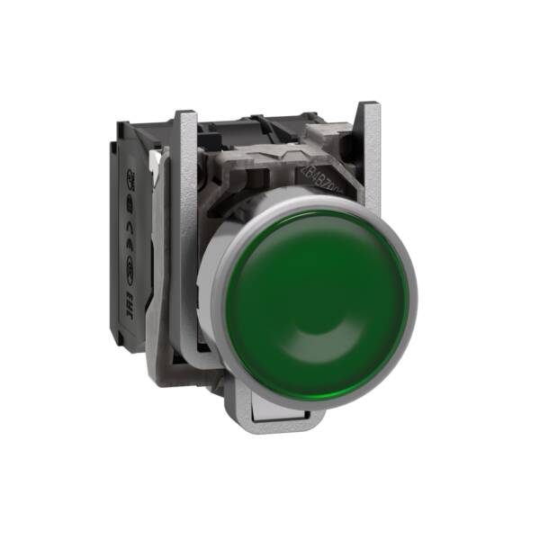 Illuminated push button, Harmony XB4, metal, green flush, 22mm, universal LED, plain lens, 1NO + 1NC, 230...240V AC - Schneider Electric - XB4BW33M5