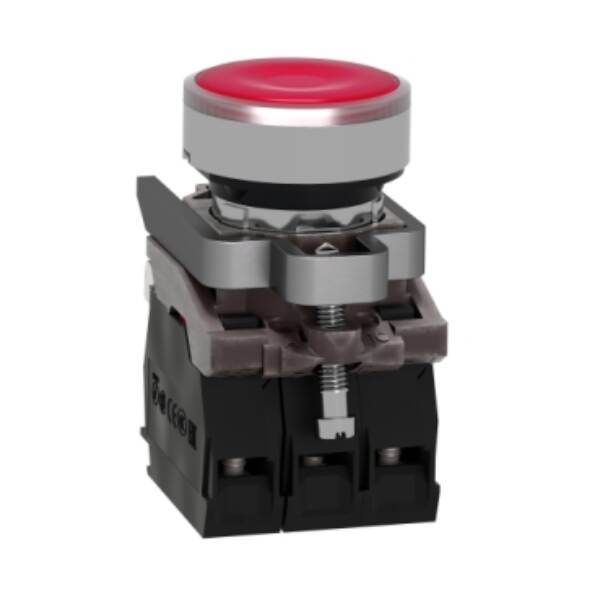 Illuminated push button, Harmony XB4, metal, red flush, 22mm, universal LED, plain lens, 1NO + 1NC, 24V AC DC - Schneider Electric - XB4BW34B5