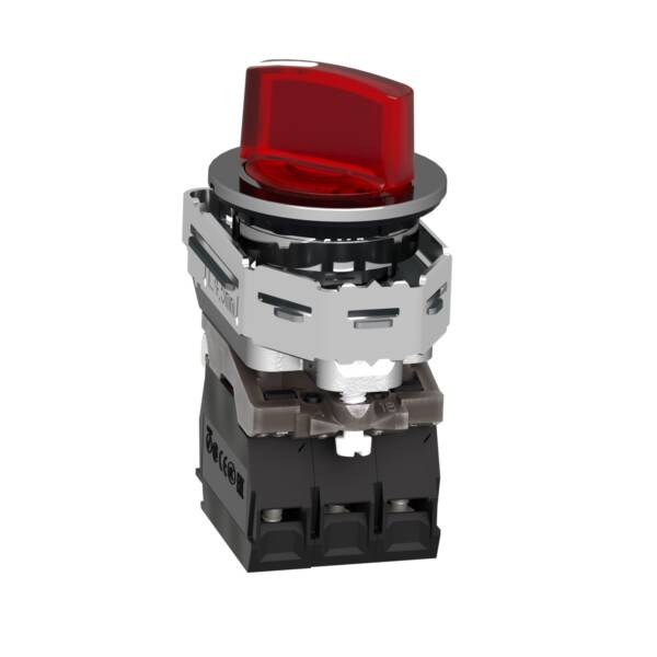 Illuminated selector switch, Harmony XB4, metal, red handle, 30mm, universal LED, 2 positions, 1NO + 1NC, 110...120V AC - Schneider Electric - XB4FK124G5