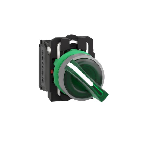 Illuminated selector switch, Harmony XB5, grey bezel, green handle, 22mm, universal LED, 2 positions, 1NO + 1NC, 24V AC DC - Schneider Electric - XB5AK123B5C0