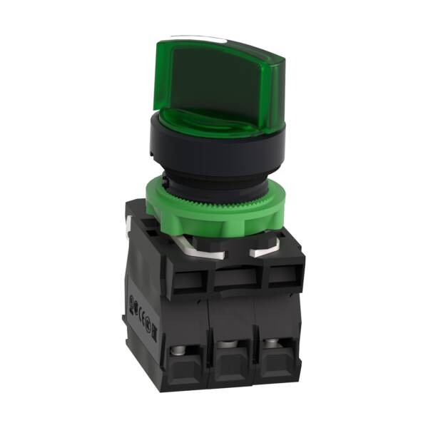 Illuminated selector switch, Harmony XB5, grey plastic, green handle, 22mm, universal LED, 2 positions, 1NO + 1NC, 110...120V AC - Schneider Electric - XB5AK123G5