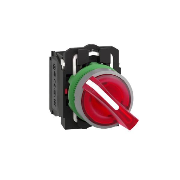 Illuminated selector switch, Harmony XB5, universal LED, grey bezel, red handle, 22mm, 2 positions, stay put, 1NO + 1NC, 24V AC DC - Schneider Electric - XB5AK124B5C0