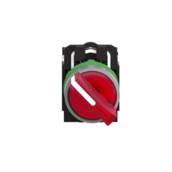 Illuminated selector switch, Harmony XB5, universal LED, grey bezel, red handle, 22mm, 2 positions, stay put, 1NO + 1NC, 120V AC DC - Schneider Electric - XB5AK124G5C0