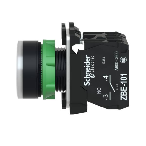 Illuminated push button, Harmony XB5, plastic, white flush, 22mm, universal LED, plain lens, 1NO + 1NC, 230...240V AC - Schneider Electric - XB5AW31M5