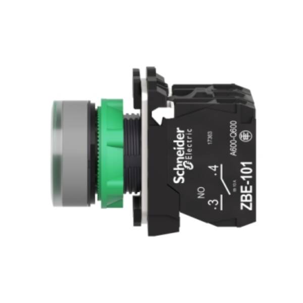 Illuminated push button, Harmony XB5, grey bezel, green flush, 22mm, universal LED, spring return, 1NO + 1NC, 24V AC - Schneider Electric - XB5AW33B5C0