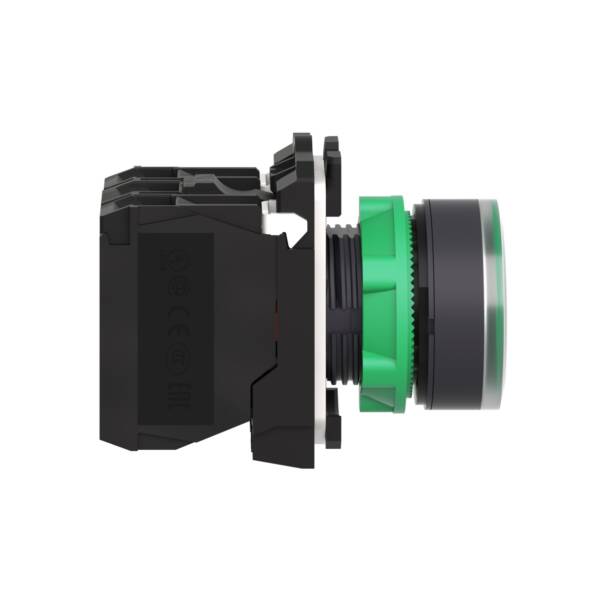 Illuminated push button, Harmony XB5, plastic, flush, green, 22mm, universal LED, plain lens, 1NO + 1NC, 110...120V AC - Schneider Electric - XB5AW33G5