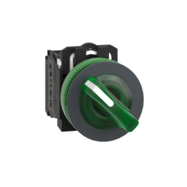 Illuminated selector switch, Harmony XB5, grey plastic, green handle, 30mm, universal LED, 2 positions, 1NO + 1NC, 230...240V AC - Schneider Electric - XB5FK123M5