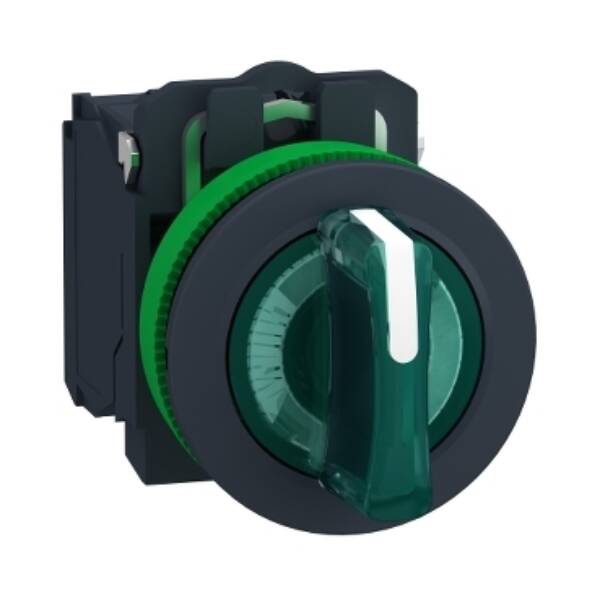 Illuminated selector switch, Harmony XB5, grey plastic, green handle, 30mm, universal LED, 3 positions, 1NO + 1NC, 24V AC DC - Schneider Electric - XB5FK133B5