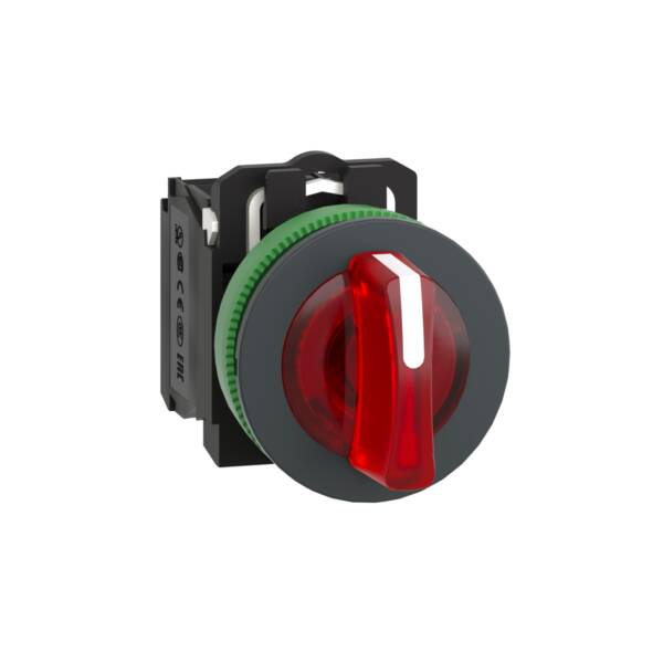 Illuminated selector switch, Harmony XB5, grey plastic, red handle, 30mm, universal LED, 3 positions, 1NO + 1NC, 110...120V AC - Schneider Electric - XB5FK134G5