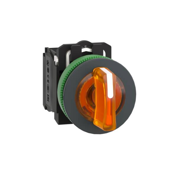 Illuminated selector switch, Harmony XB5, grey plastic, orange handle, 30mm, universal LED, 3 positions, 1NO + 1NC, 110...120V AC - Schneider Electric - XB5FK135G5