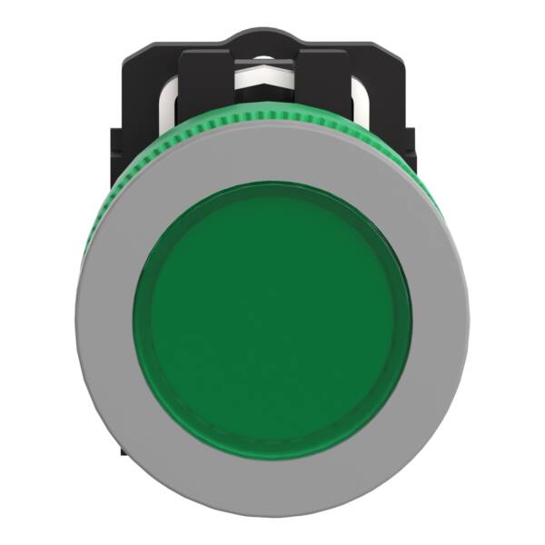 Pilot light, Harmony XB5, green flush mounted, grey bezel, 30mm, universal LED, plain lens, 110…120V - Schneider Electric - XB5FVG3C0