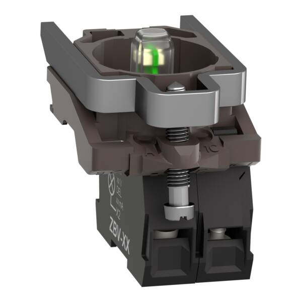 Complete body/contact assembly and light block, Harmony XB4, metal, universal LED, body/fixing collar, 1NO, 24V AC DC - Schneider Electric - ZB4BW0B11