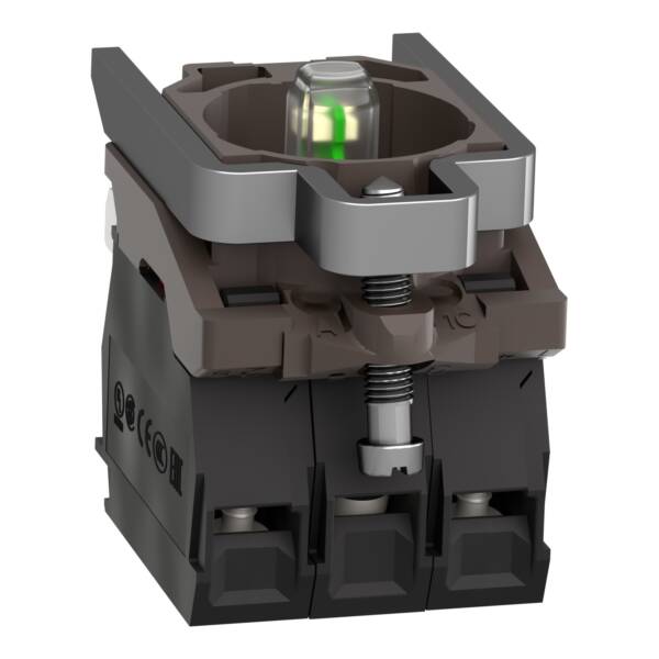 Complete body/contact assembly and light block, Harmony XB4, metal, universal LED, body/fixing collar, 1NO + 1NC, 110...120V AC - Schneider Electric - ZB4BW0G15