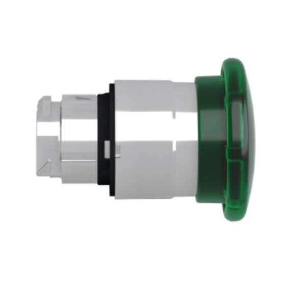 Head for illuminated push button, Harmony XB4, green mushroom 40mm, 22mm, latching, push-pull to release, universal LED, unmarked - Schneider Electric - ZB4BW633