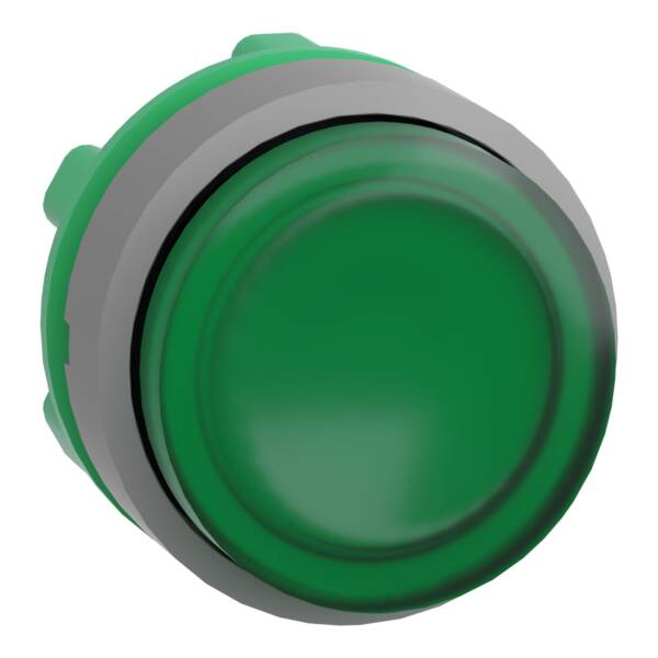 Head for illuminated push button, Harmony XB5, grey bezel, green projecting, 22mm, universal LED, push-push, unmarked - Schneider Electric - ZB5AH33C0