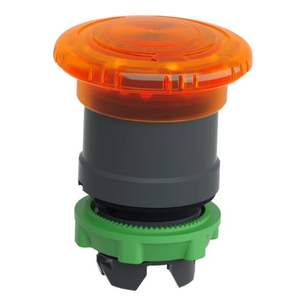 Head for illuminated push button, Harmony XB5, plastic, orange mushroom 40mm, 22mm, latching turn to release, clear boot - Schneider Electric - ZB5AW753