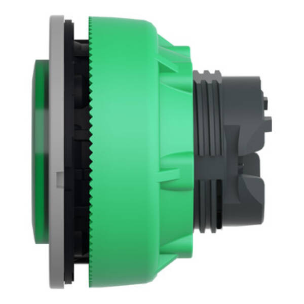 Head for illuminated push button, Harmony XB5, grey bezel, green projecting, 30mm, universal LED, push-push, unmarked - Schneider Electric - ZB5FH33C0