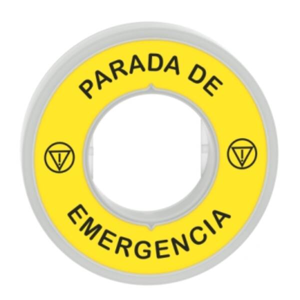 Harmony, Illuminated ring Ø60, plastic, yellow, red fixed integral LED, marked PARADA DE EMERGENCIA, 110...120 V AC - Schneider Electric - ZBY9W2G430