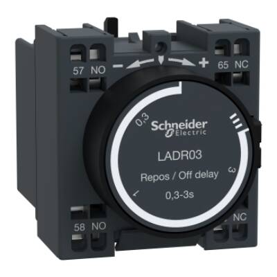Time delay auxiliary contact block, TeSys D, 1NO + 1NC, off delay 0.3-3s, front, spring terminals - Schneider Electric - LADR03