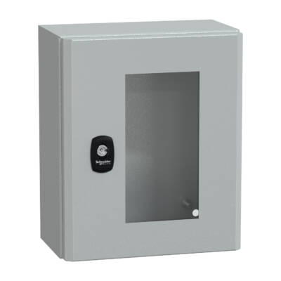 "Wall mounted steel enclosure, PanelSeT S3D, transparent door, without mounting plate, 300x250x150mm, IP66, IK08" - Schneider Electric - NSYS3D32515T