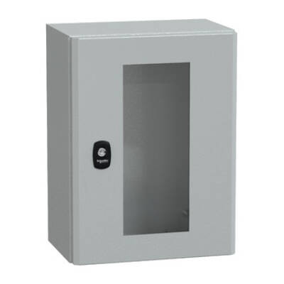 "Wall mounted steel enclosure, PanelSeT S3D, transparent door, without mounting plate, 400x300x200mm, IP66, IK08" - Schneider Electric - NSYS3D4320T