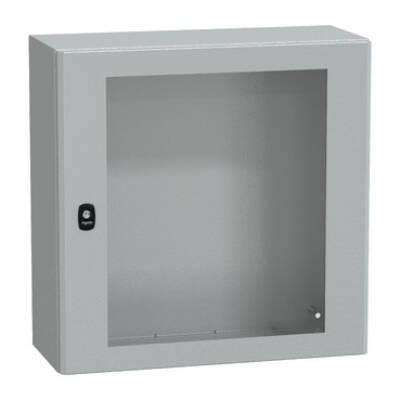 "Wall mounted steel enclosure, PanelSeT S3D, transparent door, without mounting plate, 600x600x250mm, IP66, IK08" - Schneider Electric - NSYS3D6625T