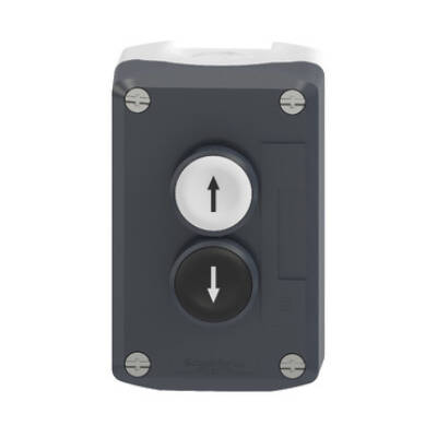 Control station, plastic, dark grey lid, 2 flush push buttons Ø22, marked UP ARROW DOWN ARROW, 2 NO - Schneider Electric - XALD222