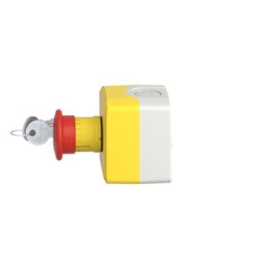 Control station, plastic, yellow lid, 1 red mushroom push button Ø40, key release, 2 NC - Schneider Electric - XALK188F