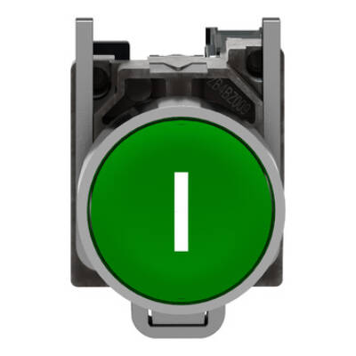 Push button, metal, flush, green, Ø22, spring return, marked I, 1NO - Schneider Electric - XB4BA3311