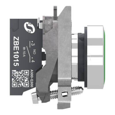 Push button, Harmony XB4, metal, flush, green, 22mm, spring return, white marked I, 1 NO, compact push in terminals - Schneider Electric - XB4BA33115