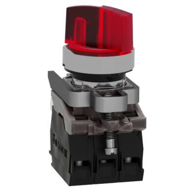 Illuminated selector switch, Harmony XB4, metal, red handle, 22mm, universal LED, 2 positions, 1NO + 1NC, 230...240V AC - Schneider Electric - XB4BK124M5