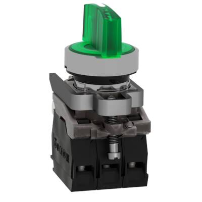 Illuminated selector switch, Harmony XB4, metal, green handle, 22mm, universal LED, 3 positions, 1NO + 1NC, 24V AC DC - Schneider Electric - XB4BK133B5