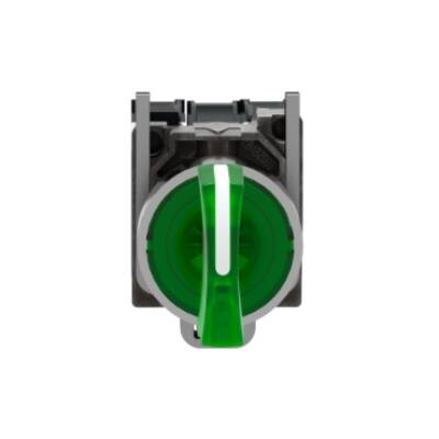 Illuminated selector switch, Harmony XB4, metal, green handle, 22mm, universal LED, 3 positions, 1NO + 1NC, 110...120V AC - Schneider Electric - XB4BK133G5