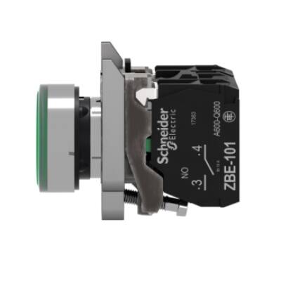 Illuminated push button, Harmony XB4, metal, green flush, 22mm, universal LED, plain lens, 1NO + 1NC, 24V AC DC - Schneider Electric - XB4BW33B5