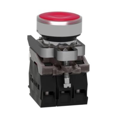 Illuminated push button, Harmony XB4, metal, red flush, 22mm, universal LED, plain lens, 1NO + 1NC, 24V AC DC - Schneider Electric - XB4BW34B5