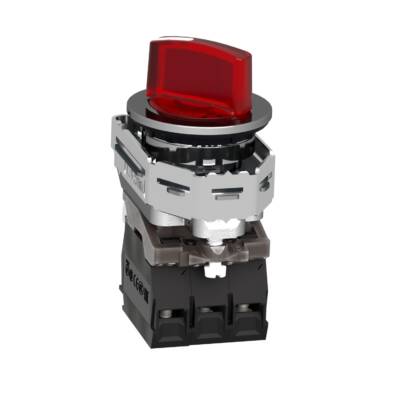 Illuminated selector switch, Harmony XB4, metal, red handle, 30mm, universal LED, 2 positions, 1NO + 1NC, 110...120V AC - Schneider Electric - XB4FK124G5