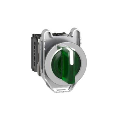 Illuminated selector switch, Harmony XB4, metal, green handle, 30mm, universal LED, 3 positions, 1NO + 1NC, 110...120V AC - Schneider Electric - XB4FK133G5