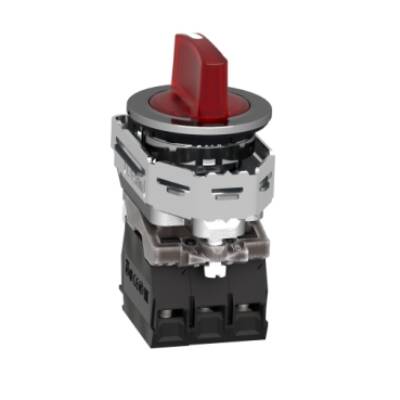 Illuminated selector switch, Harmony XB4, metal, red handle, 30mm, universal LED, 3 positions, 1NO + 1NC, 110...120V AC - Schneider Electric - XB4FK134G5